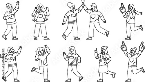 Diverse Female Sports Fan Character Cheering Vector Set