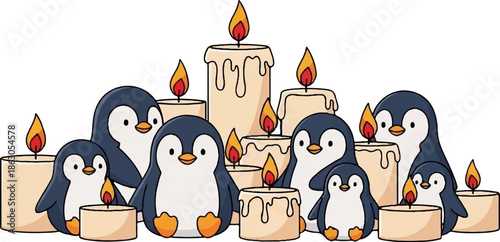 Cute cartoon penguins of varying sizes nestled among numerous lit candles, creating a warm, festive scene