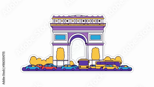 Colorful cartoon depiction of a famous Parisian arch with cars and buses in traffic