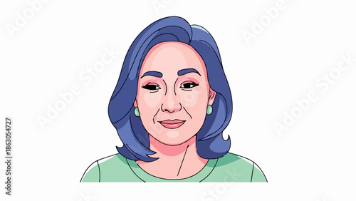 Animated portrait of a woman with blue hair and green earrings, smiling softly