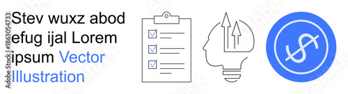 Business planning, financial management, innovation, productivity, creative solutions, goal tracking. Symbols include a checklist, intellectual head outline and dollar sign. Business planning