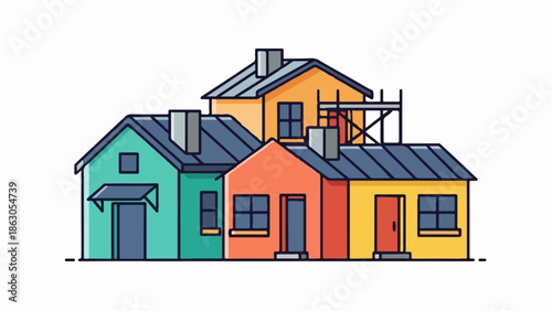 Colorful cartoon houses illustration, some with chimneys, one featuring scaffolding for renovation work