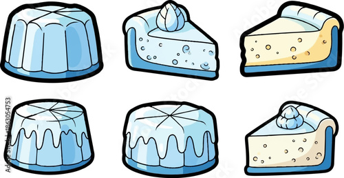 Cartoon desserts featuring light blue gelatin-like molds and various pie slices, some with toppings