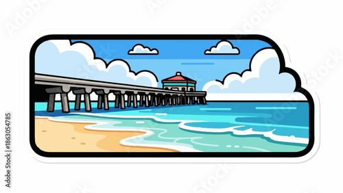 Colorful cartoon illustration of a beach pier extending over a sandy shore and blue ocean with clouds