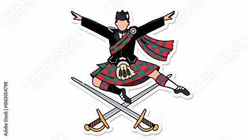 Animated dancer in kilt with crossed swords below