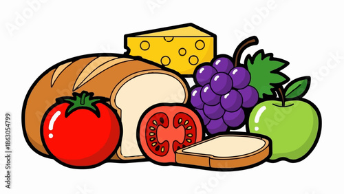 Colorful cartoon illustration of a food group including bread, cheese, tomato, grapes, and a green apple