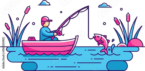 Angler in boat catches jumping fish amidst reeds and clouds