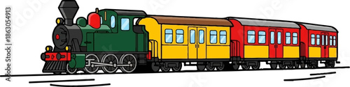 Colorful cartoon steam train with engine and passenger cars