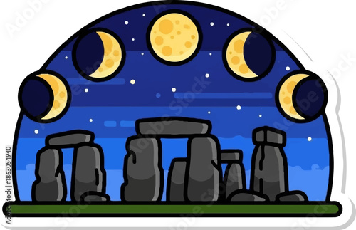 Ancient stone circle under a starry night sky with a full moon and crescent moons
