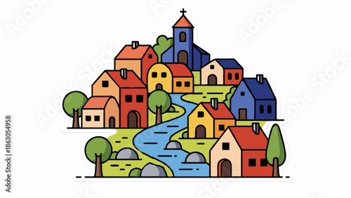 Colorful cartoon village illustration with houses, church, trees, and a winding river on green hills