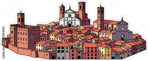 Colorful cartoon town with a castle, multiple churches, and densely packed houses, outlined on white