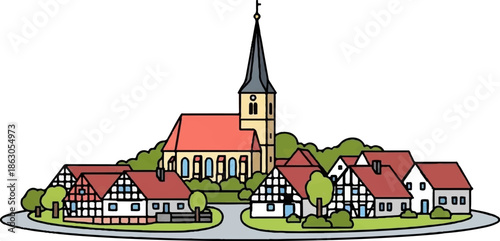Colorful cartoon village scene featuring a church with a tall steeple and half-timbered houses