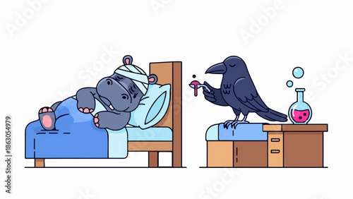 An unwell cartoon hippo with bandaged head in bed, attended by a raven offering medicine