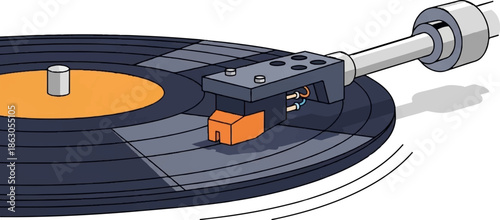 Close-up of a spinning vinyl record on a turntable with a stylus