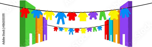 Colorful clothes hanging on a clothesline between abstract buildings