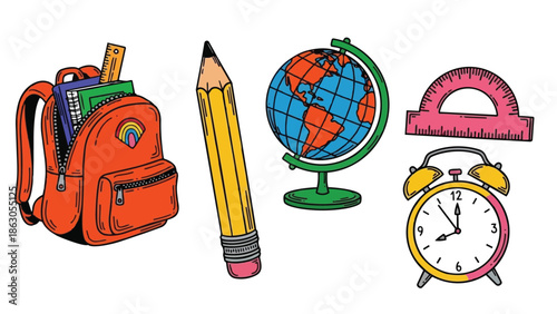 Colorful illustration of orange backpack with school supplies, yellow pencil, blue globe, pink protractor, and yellow alarm clock on white background