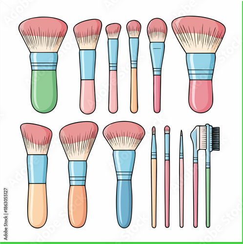 Vibrant vector illustration of a variety of essential makeup brushes for a complete cosmetic application kit, ideal for beauty enthusiasts