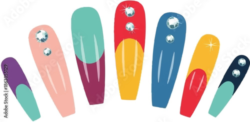 Colorful, decorated artificial fingernails, arranged in a fan shape