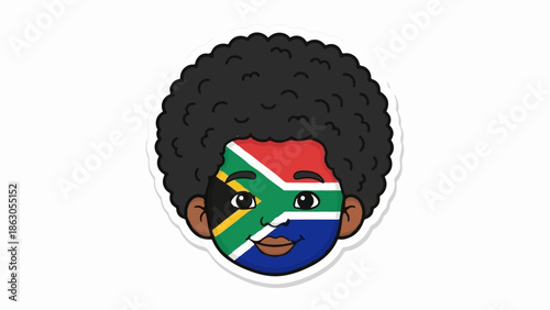 Cartoon face with afro hair and South African flag painted on face, smiling on white background