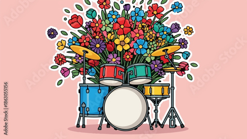Colorful drum set adorned with a vibrant bouquet of blooming flowers against a soft pink backdrop