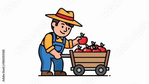 Cartoon farmer in overalls and hat, happily pushing a wooden cart full of red apples, adding another one