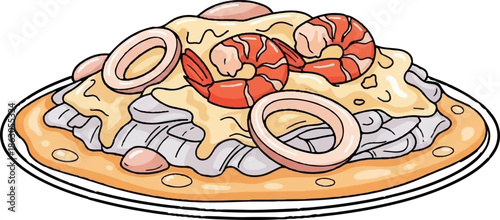 An appetizing cartoon illustration of a seafood pasta dish with shrimp, squid rings, and sauce on a plate