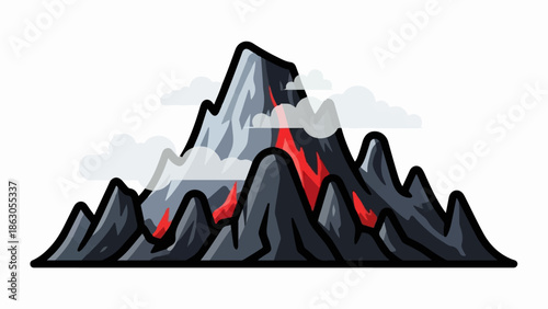 An animated style illustration of an erupting volcano with flowing lava, surrounded by gray clouds