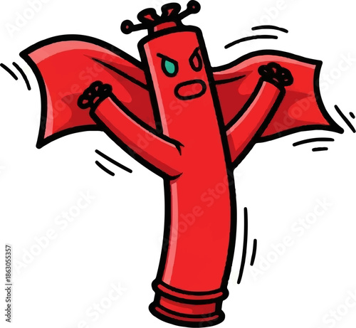 An animated red wavy tube character, often seen outdoors, energetically waving its arms with an angry face