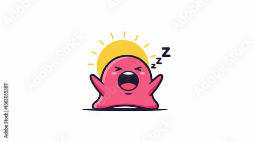 Cute pink creature yawning with the sun rising, depicting sleepiness