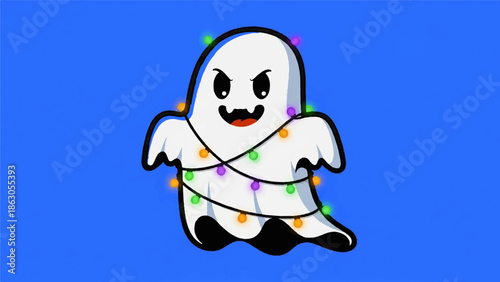 Cartoon ghost wrapped in colorful glowing lights against a bright blue background