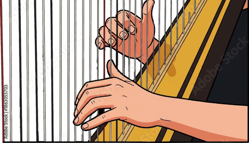 Close-up of hands playing a harp, strings vibrating with musical notes