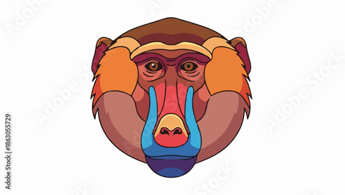 Colorful illustration of a monkey head with a distinctive large nose and expressive eyes on a white background