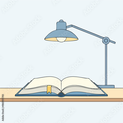 A minimalist line art illustration of an open book illuminated by a desk lamp, representing quiet study, concentrated reading, and the peaceful pursuit of knowledge