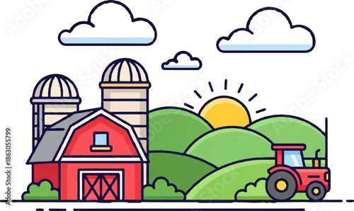 Colorful illustration of a vibrant farm scene with a red barn, silos, green hills, sun, clouds, and a tractor