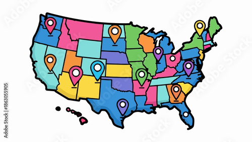 Colorful map of United States with location pins