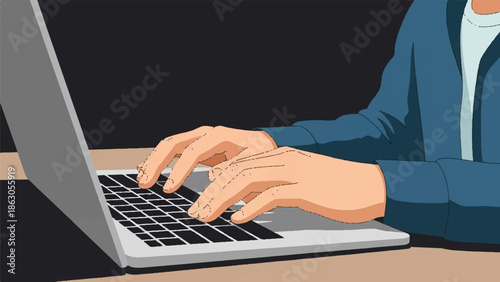 Close-up of hands typing on a laptop keyboard with a dark background and a brown surface