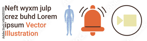 Education, healthcare, notifications, medical alerts, anatomy, online tutorials. Human anatomical figure beside a bell and video icon. Education and healthcare concept