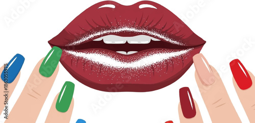 Close-up of sparkly red lips with vibrant, multi-colored fingernails