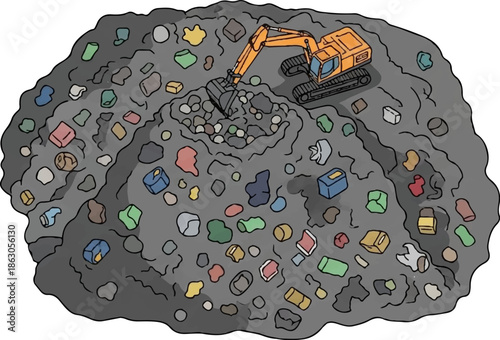 Excavator in a large pile of colorful debris and waste