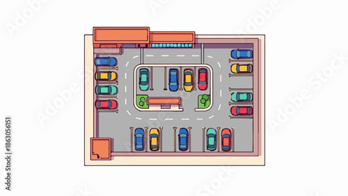 An aerial view of a colorful parking lot with a building and various vehicles