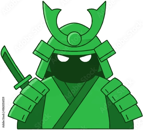 Cartoon green samurai warrior, stoic expression, holding a sword, armored