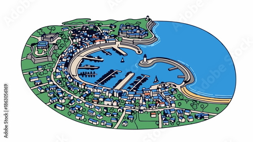 An aerial view of a coastal town with a harbor, lighthouse, and a fort