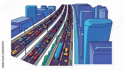 An aerial view of a busy multi-lane highway at night, with stylized cars and towering blue city buildings