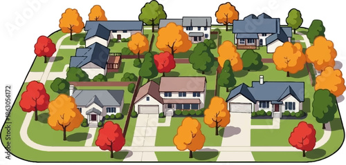 An aerial view of a cartoon-style suburban neighborhood with houses, streets, and vibrant autumn trees