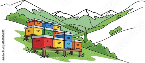 Colorful stacked beehives in a lush green valley with distant snow-capped mountains