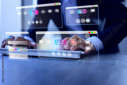 AI workflow concept with businessman using agentic artificial intelligence automation node coding flow process perform multi-step tasks across different software platforms independently