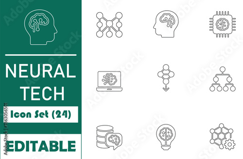 Modern neural tech line icons featuring AI, machine learning, brain-chip sets, and data processing. Perfect for software UI, digital branding, and tech projects.