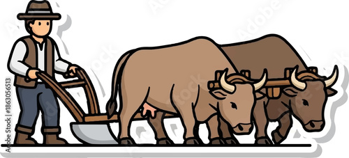 Farmer guiding two oxen pulling a wooden plow through a field