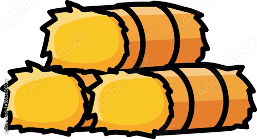 Cartoonish stack of three golden hay bales, with dark outlines, on a white background