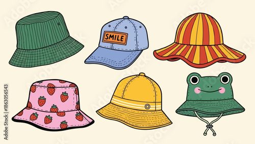 Colorful hand drawn vector art with variety of summer hats including smile cap, striped sun hat, strawberry bucket hat and frog face hat in bright colors